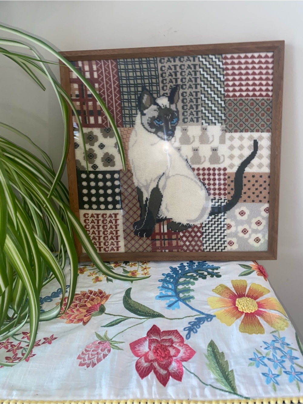 Large Framed Needlepoint Siamese Cat Wall Art